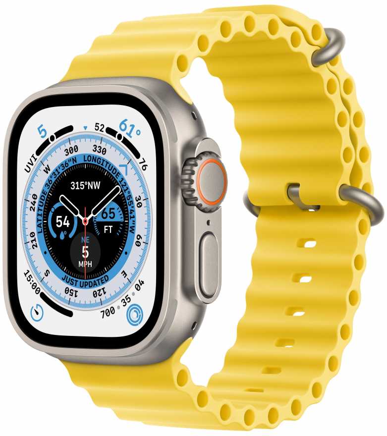 Apple Watch Ultra 49 мм, корпус из титана, ремешок Ocean желтого цвета
